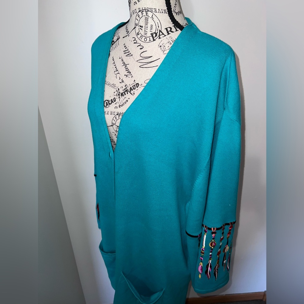 Bob Mackie Wearable Art Turquoise Embroidered Cardigan Duster Dreamcatcher/3X - Picture 5 of 9